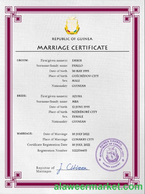 Guniea marriage certificate PSD template